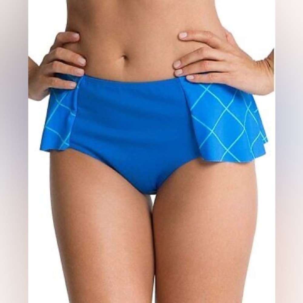 SPANX Women's Flirty Skirted Swim Bottom Electric Blue Geo SIZE 12 NWT